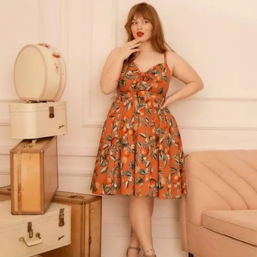 NWT TORRID Retro Chic Tie-Front Skater Dress - Orange Groves Apricot Orange - Picture 2 of 9